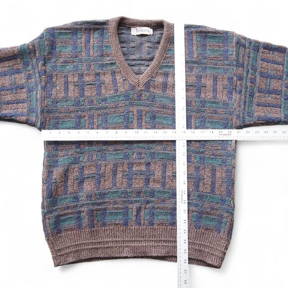 Jantzen Vintage Sweater Men’s L Geometric Pattern Taupe Blue Teal Knit Pullover - Picture 5 of 7